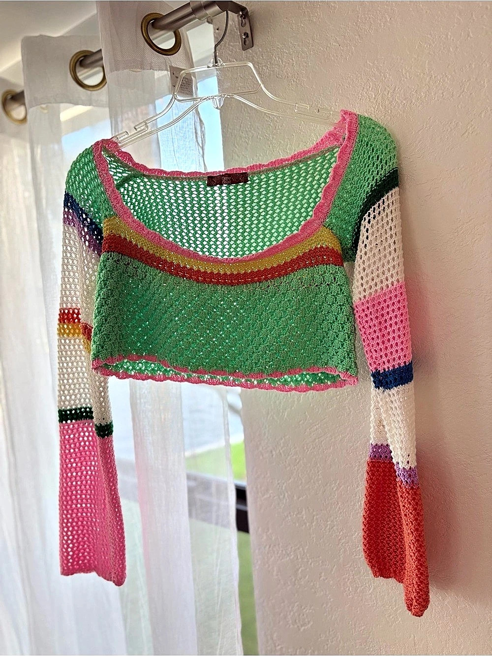 Boutique Color Block Crochet Crop Top in Green & Pink